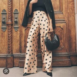 Ann Taylor Beige Satin Wide-Leg Polka Dot Pants